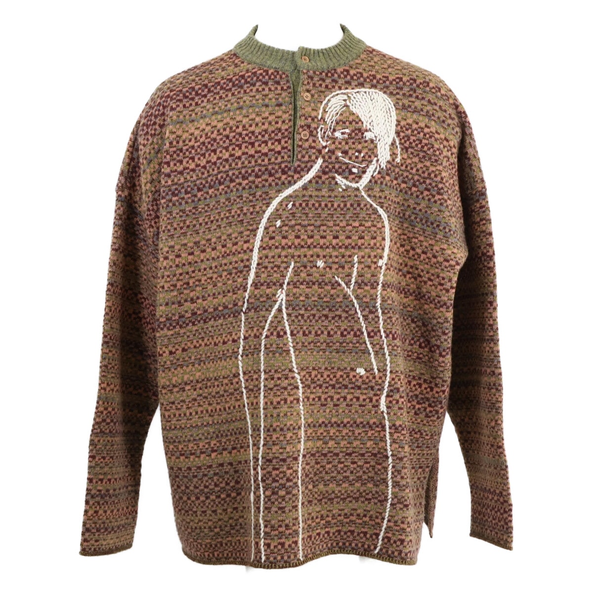 ロエベ 美品 国内正規 H3299630SM ウール 刺繍デザイン ヘンリーネック セーター ニット S