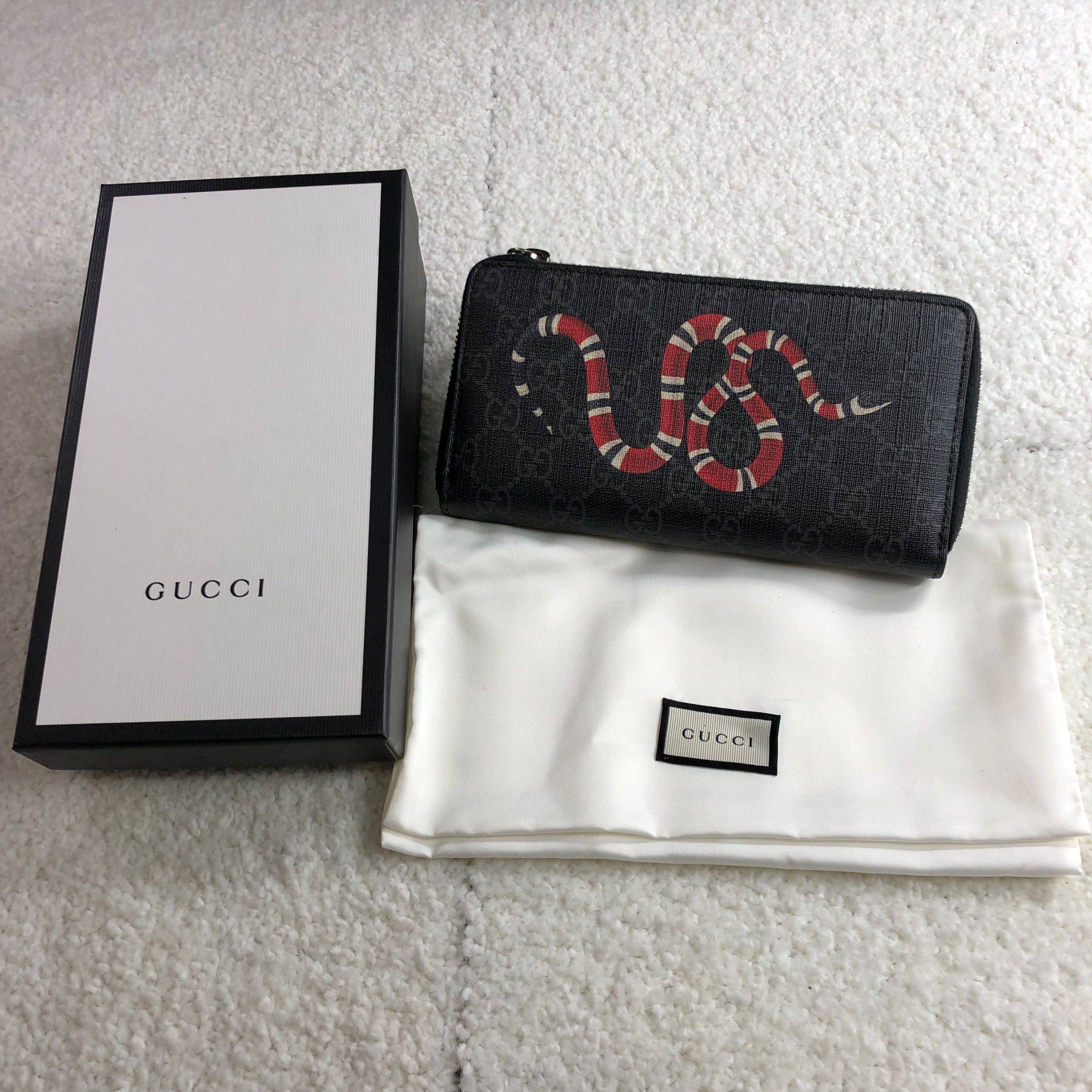 GUCCI Kingsnake Print GG Supreme Zip Around Wallet "Black"