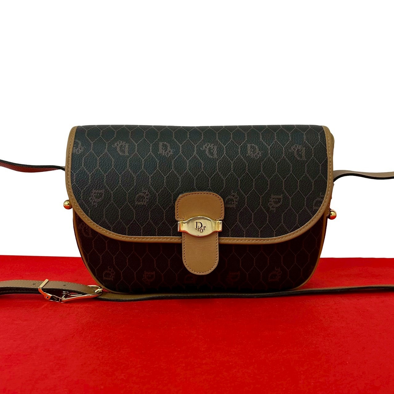 Christian Dior ディオール ハニカム柄 ロゴ 金具 レザー PVC ショルダーバッグ グレー
 59098