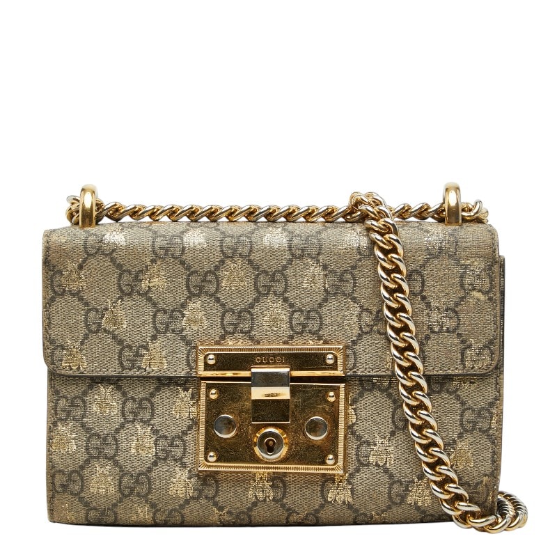 グッチ GGスプリーム パドロック チェーン ショルダーバッグ 409487 ブラック ゴールド レザー レディース GUCCI 【中古】