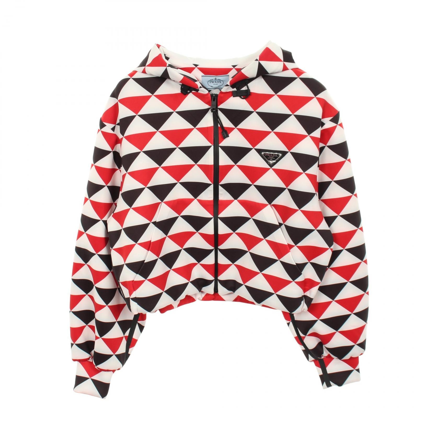 プラダ PRADA トライアングルパターン ジップアップパーカー 衣料品 アウター ポリエステル / エラスタン レディース ホワイト系 / レッド系 / ブラック系 138599 【中古】
