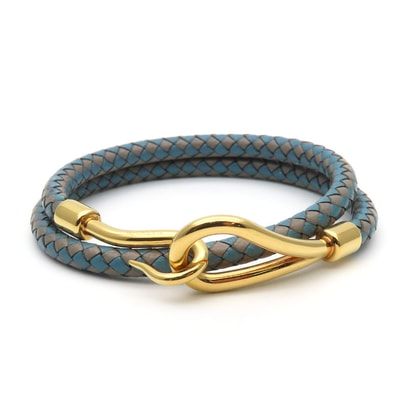【中古】 エルメス ブレスレット ジャンボブレス メタル レザー ブルー グレー ゴールド金具 2連 アクセサリー 編み込み レディース メンズ HERMES