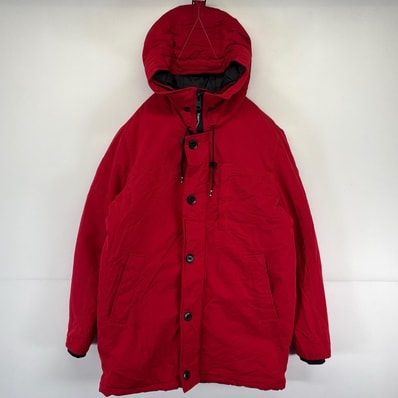 古着 カルバンクライン Calvin Klein 中綿ジャケット ワンポイントロゴ ロング アウター フーディ フルジップ M レッド メンズ