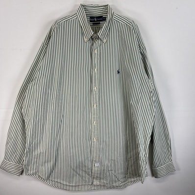 古着 90's/90年代 ラルフローレン RALPH LAUREN 長袖シャツ ロゴ 刺繍 ボタンダウンシャツ 大きいサイズ 14041 グリーン系 ストライプ メンズ