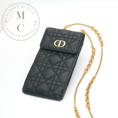 クリスチャンディオール CHRISTIAN DIOR 携帯・スマホアクセサリー ブラック ゴールド カナージュ Dior Caro チェーン フォンホルダー フォンケース モバイルポーチ ポシェット
