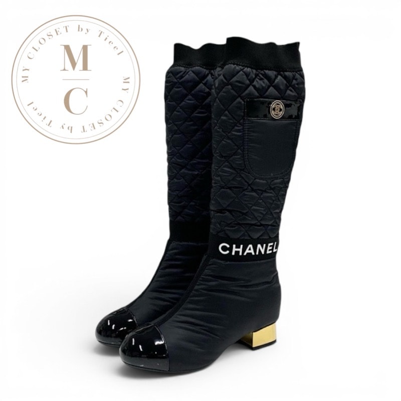未使用 シャネル CHANEL ブーツ ロングブーツ ショートブーツ 2way ココマーク ロゴ マトラッセ ポケット メタリックヒール ブラック