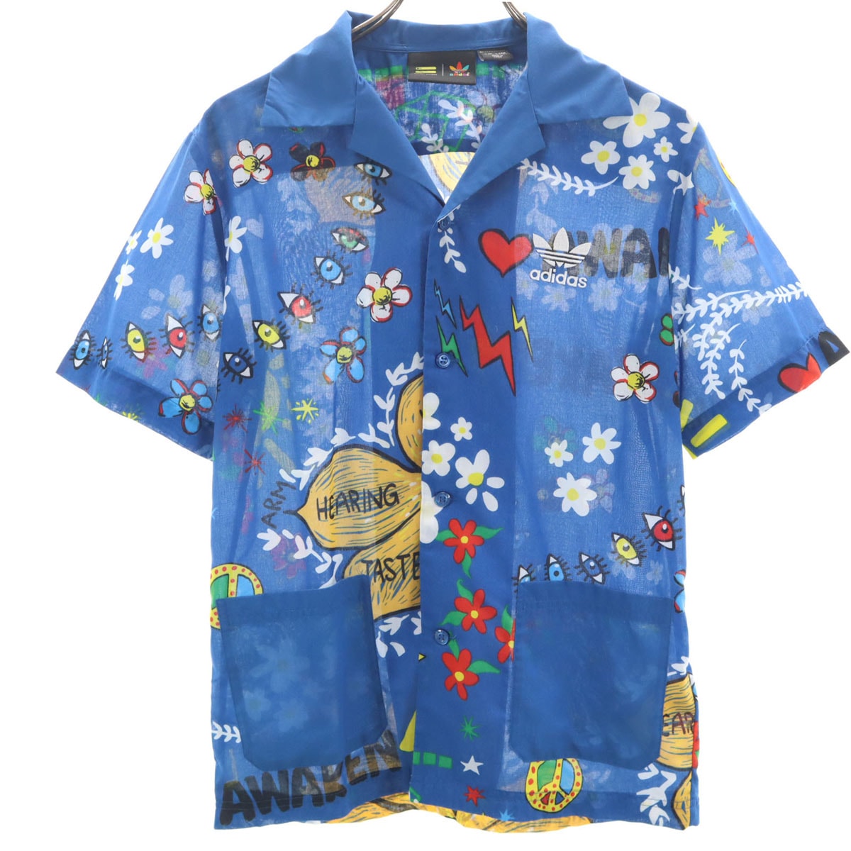 adidas アディダス Pharrell Williams ファレルウィリアムス コラボ 総柄 半袖 アロハシャツ M ブルー系