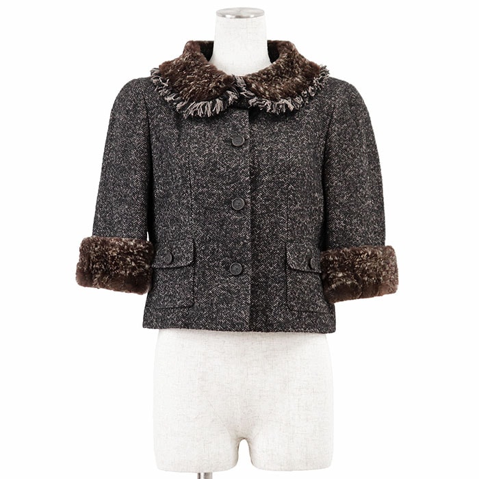 【新品同様】CHANEL シャネル ジャケット ツイード 05A P26778 COCOマーク ロゴ ウール ヘリンボーン メランジ ラビットファー ショールカラー ショート丈 ハーフスリーブ レディース 38 チャコールグレー ブラウン 灰色 茶色 仏製