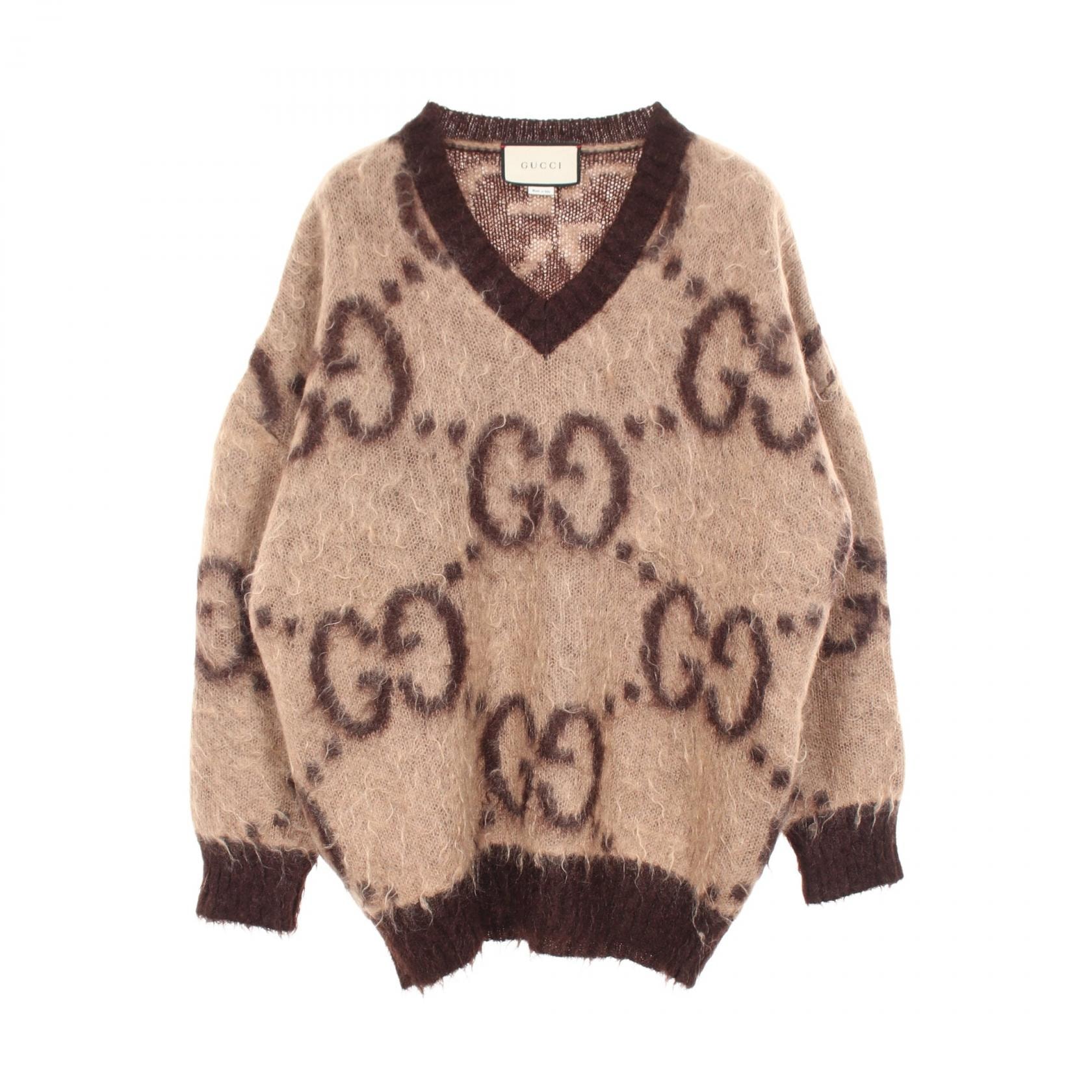 グッチ GUCCI GG柄 Vネック ニット 衣料品 トップス ウール モヘヤ / ナイロン レディース ブラウン系 639380 【中古】