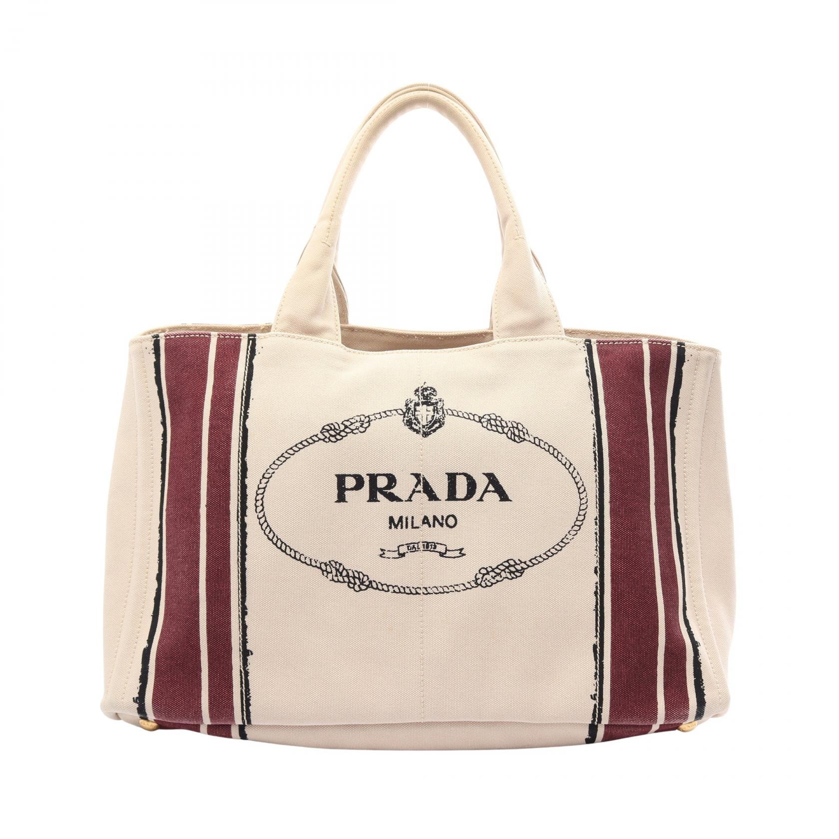 プラダ PRADA CANAPA カナパ トートバッグ バッグ キャンバス レディース ベージュ系 / ボルドー系 / ブラック系 【中古】