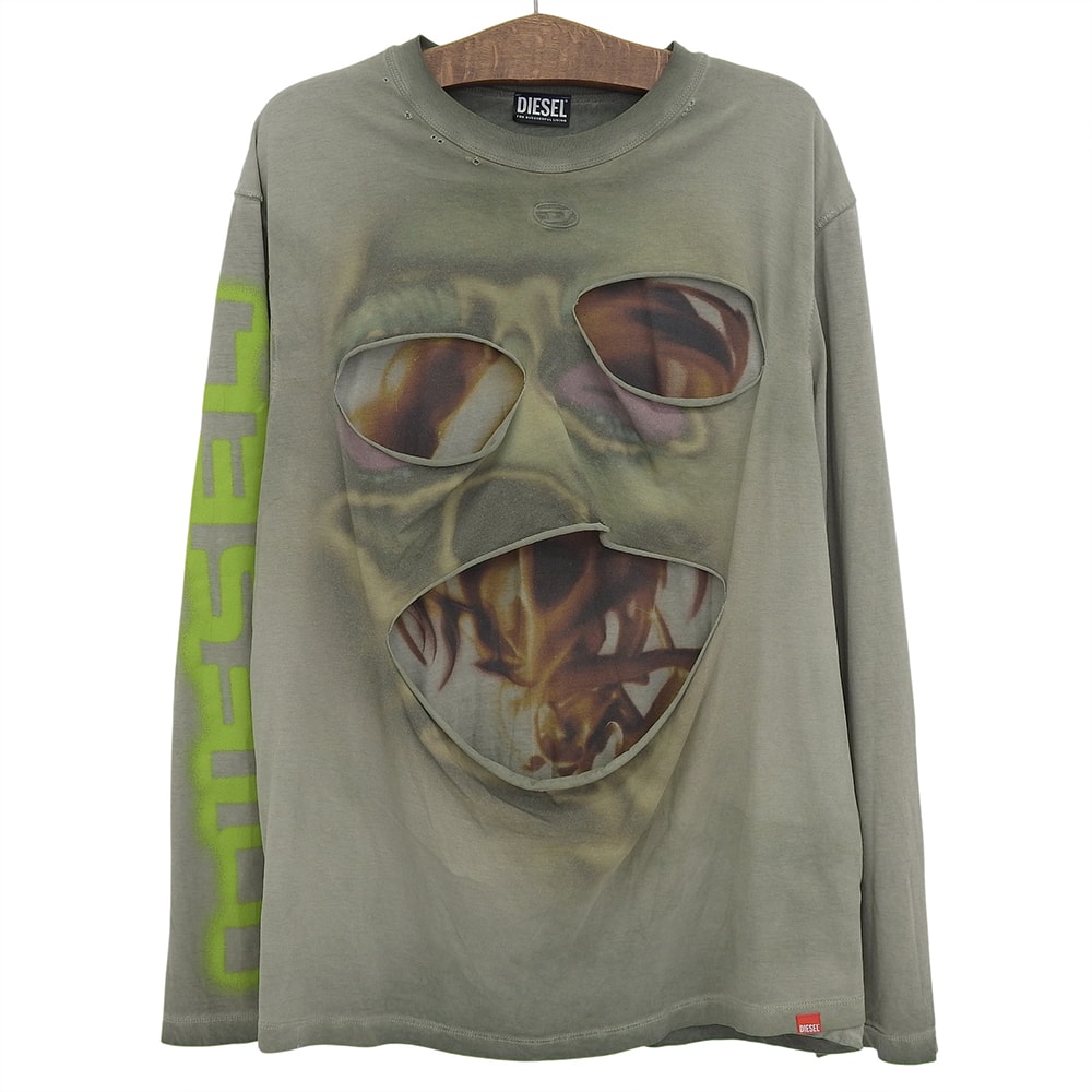 ディーゼル T-CRANY ダメージ加工 レイヤー ロングTシャツ コットン トップス メンズ グリーン系 XL A09908 XL
