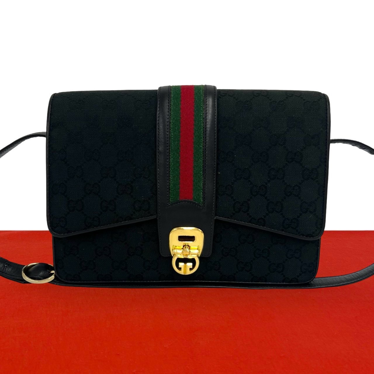 GUCCI グッチ シェリーライン GG ロゴ 柄 キャンバス レザー ショルダーバッグ ブラック
 52189