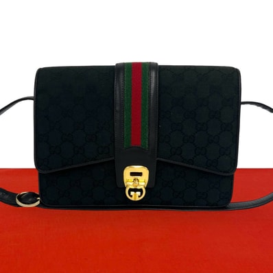 GUCCI グッチ シェリーライン GG ロゴ 柄 キャンバス レザー ショルダーバッグ ブラック
52189