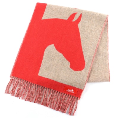 極美 エルメス マフラー ラブストーリー カシミヤ エカルラート/ベージュ シネ