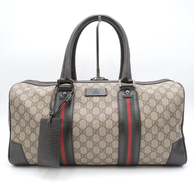 GUCCI(グッチ)GGスプリーム ヴィンテージ ボストンバッグ シェリーライン ベージュ ブラウン PVC レザー シルバー金具 メンズ レディース【中古】
