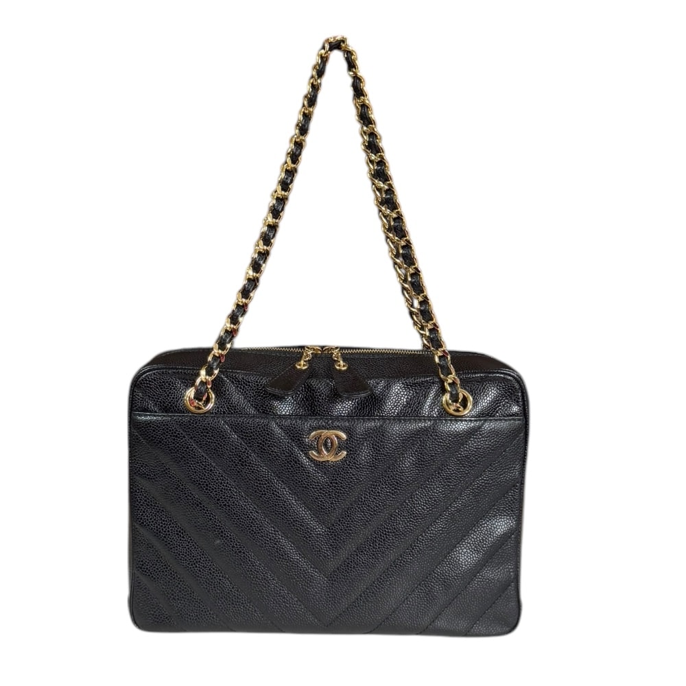 シャネル Vステッチ ショルダーバッグ キャビアスキン ブラック レディース CHANEL 中古
