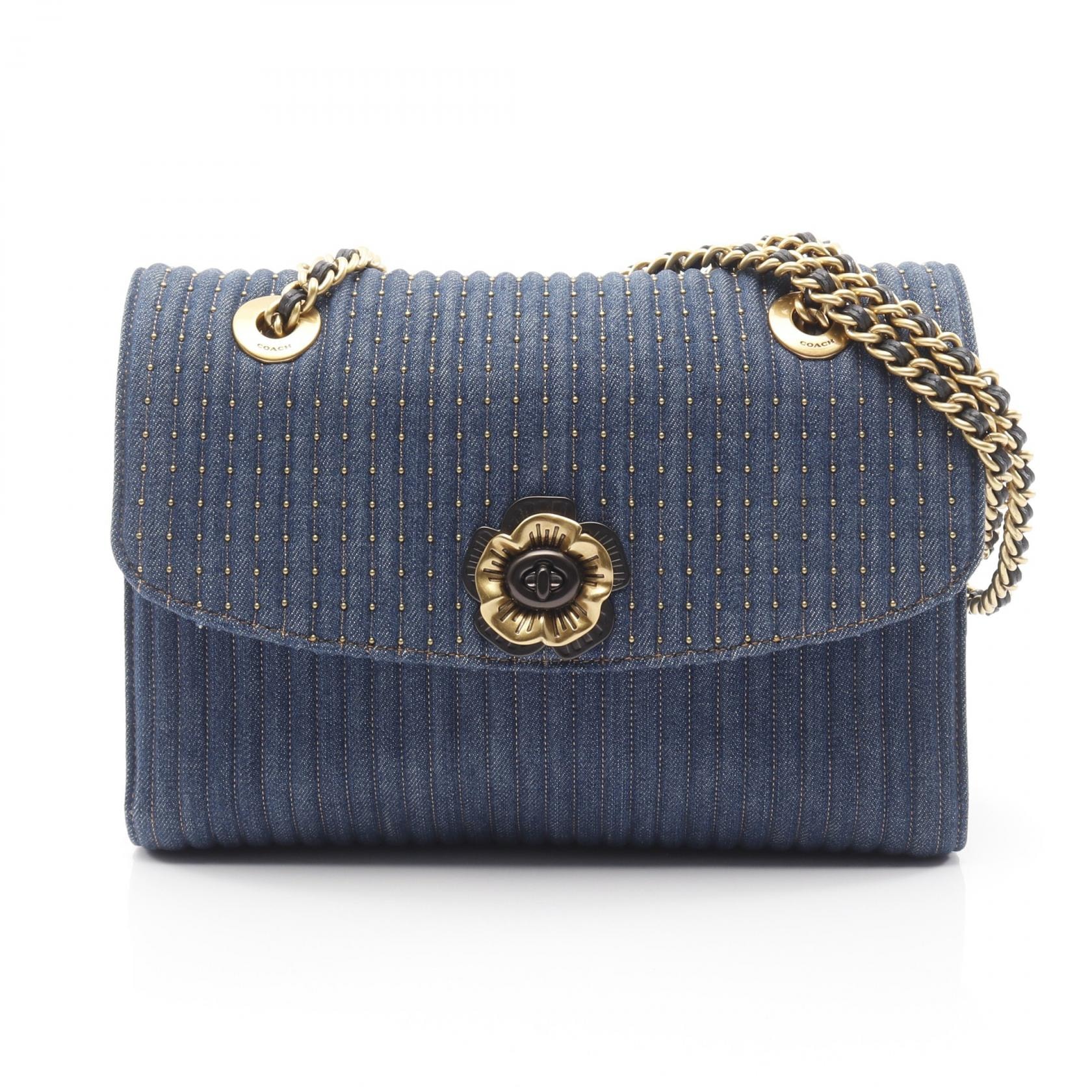 コーチ COACH パーカー ウィズ デニム ショルダーバッグ バッグ デニム レザー レディース ネイビー系 68222 【中古】