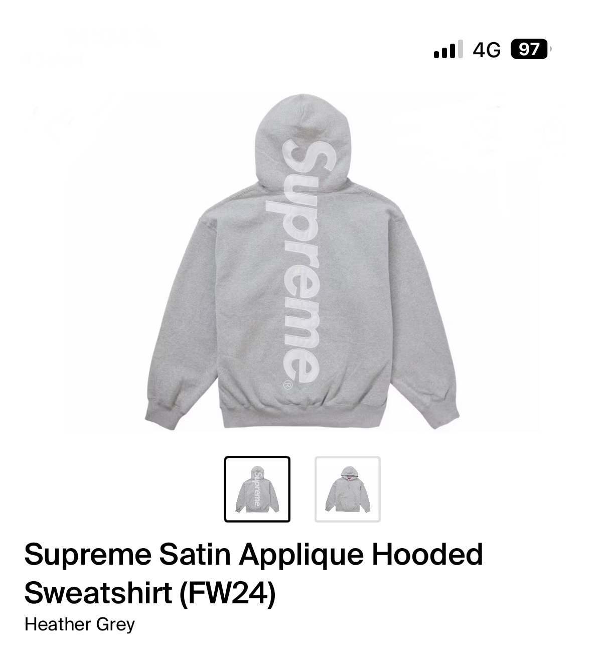 Supreme Satin Applique Hooded Sweatshirt "Heather Grey" (24FW)