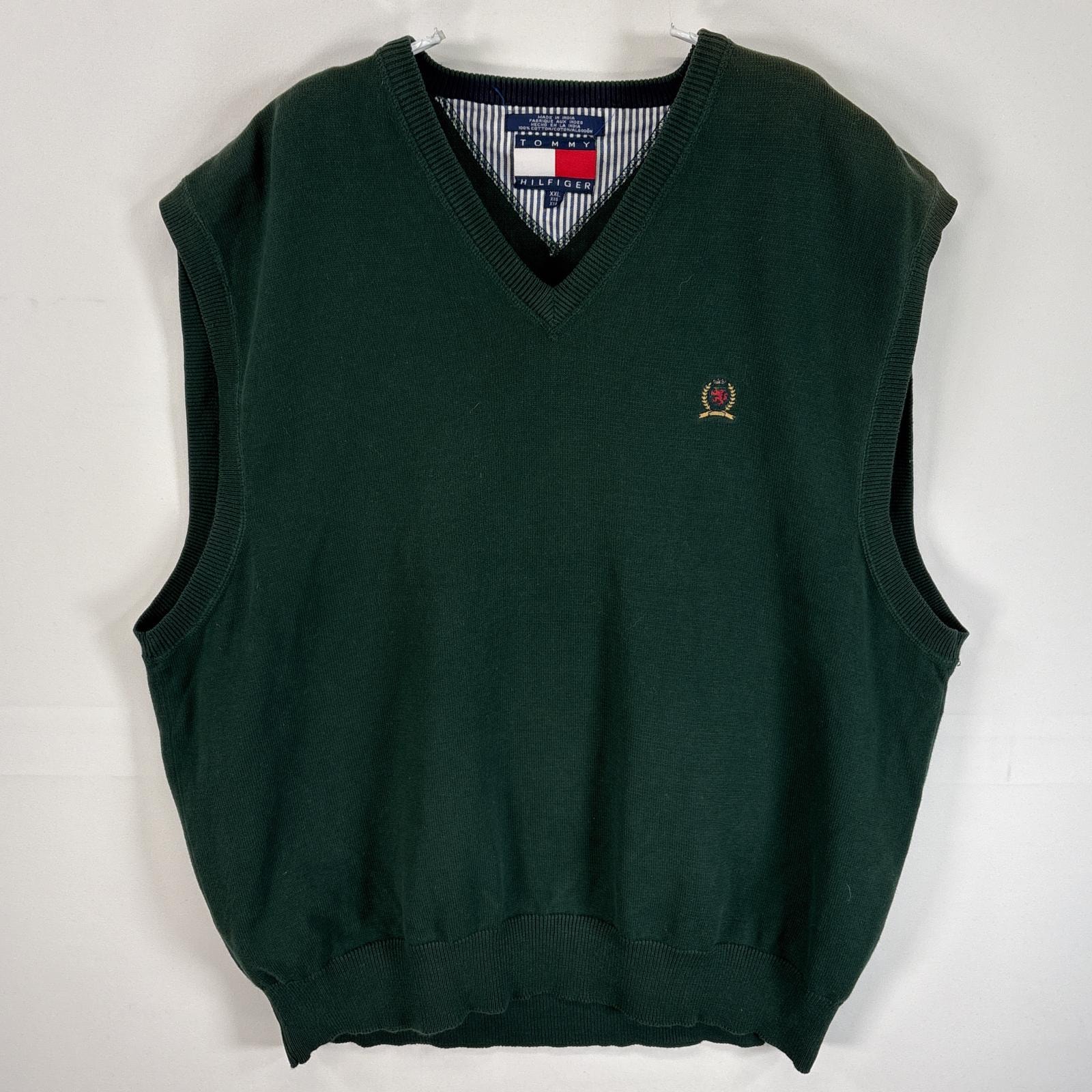 古着 90's/90年代 トミーヒルフィガー TOMMY HILFIGER ベスト ロゴ 刺繍 大きいサイズ フラッグタグ 14041  グリーン 無地 メンズ