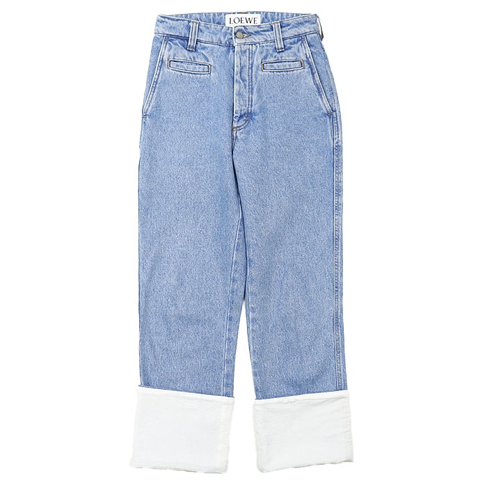 LOEWE ロエベ フィッシャーマン デニムパンツ レディース サイズ 34 ロールアップ ジーンズ アナグラム ロゴ ボタン レザーパッチ ボタンフライ コットン100% ノンストレッチ ボトムス ライトインディゴ ルーマニア製
