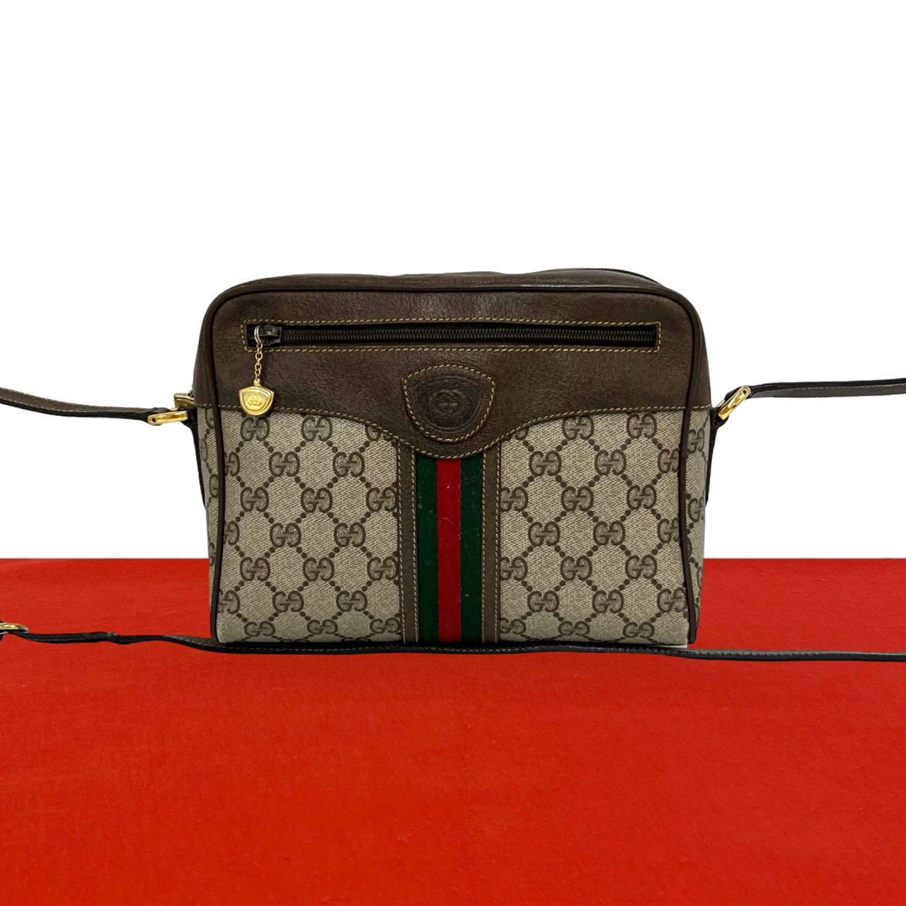 GUCCI グッチ シェリーライン GG ロゴ 柄 レザー PVC ショルダーバッグ ブラウン
 589-7