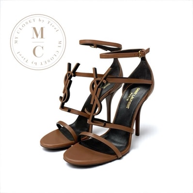 サンローラン SAINT LAURENT カサンドラ サンダル 靴 シューズ レザー ブラウン 未使用 YSLロゴ ストラップ