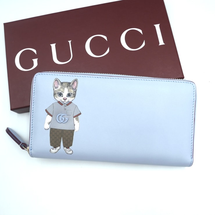 GUCCI(グッチ)×ヒグチユウコ 日本限定 ラウンドジップウォレット 長財布 キャット 猫 ライトブルー レザー ゴールド金具 847918 2149【中古】