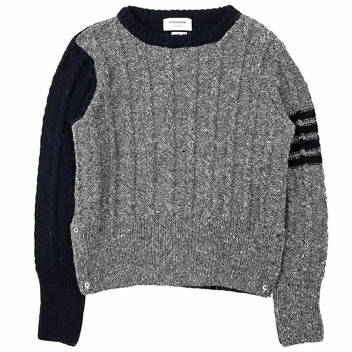 【美品】THOM BROWNE トムブラウン ケーブルニット ウール/モヘア サイズ 3 メンズ ローゲージ 4BARストライプ サイドボタン ロングスリーブ 長袖 トップス グレー ネイビー 紺 灰色 アイルランド製