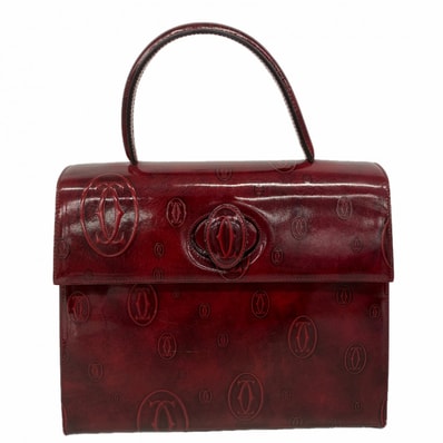 【6dd5029】カルティエ ハンドバッグ ハッピーバースデー パテントレザー ボルドー ゴールド金具【中古】レディース