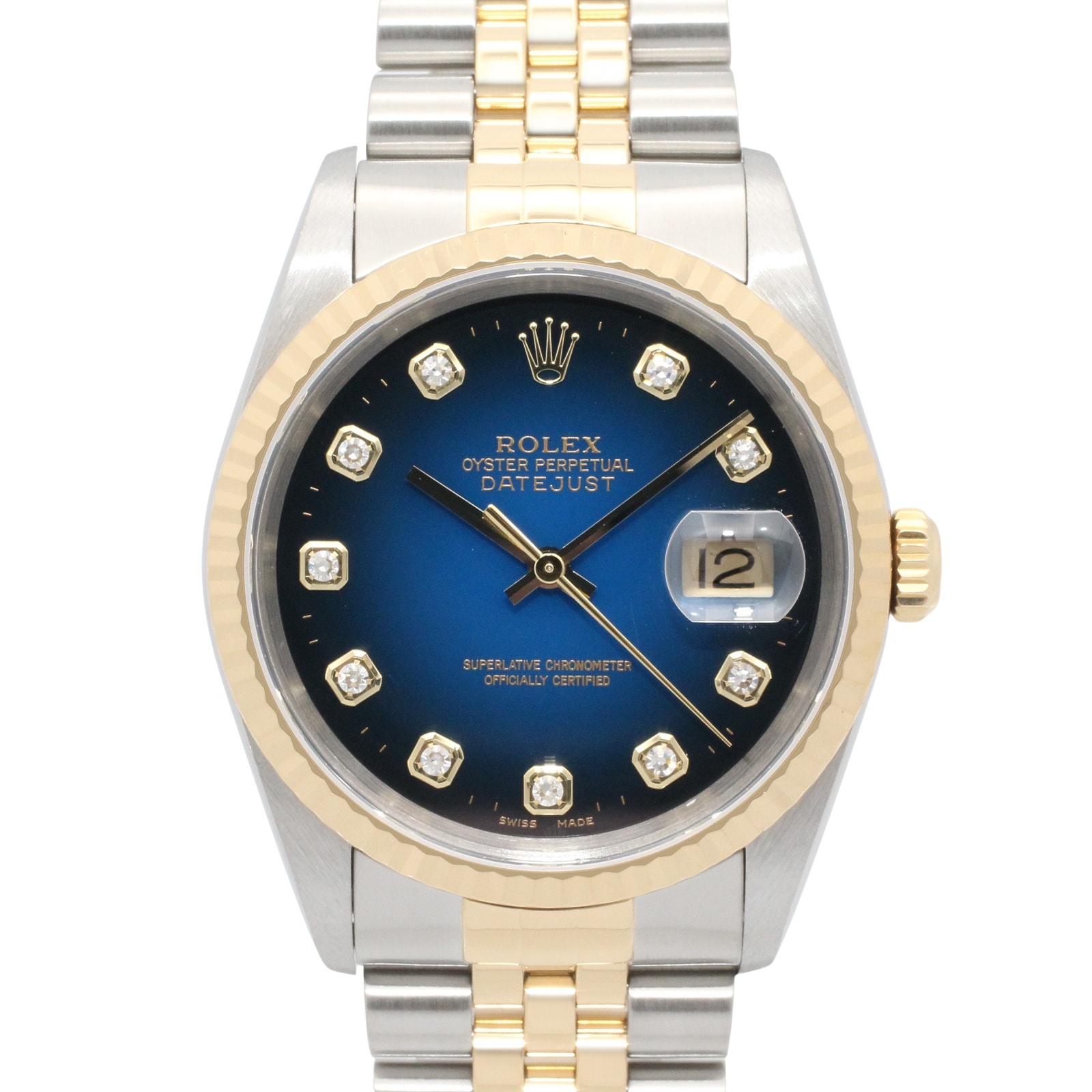 ロレックス ROLEX デイトジャスト 10Pダイヤ Y番 腕時計 時計 K18(イエローゴールド) ステンレススチール ダイヤモンド メンズ ブルー系 ブルーグラデーション/新ダイヤ 16233G 【中古】