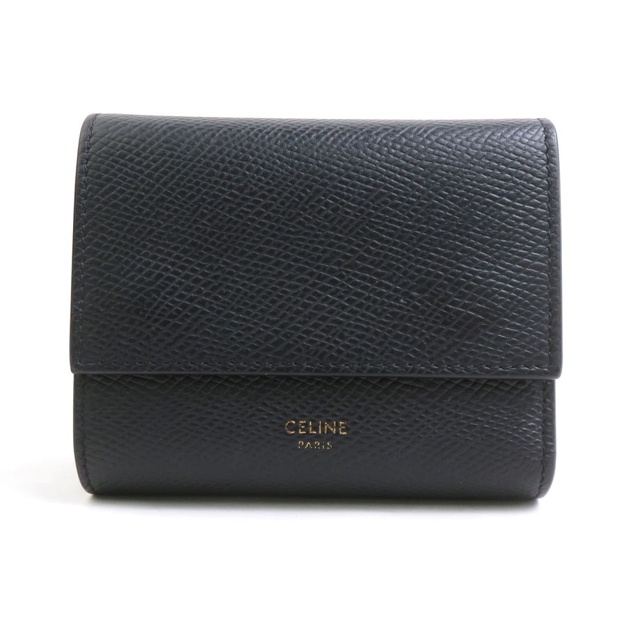 セリーヌ CELINE 三つ折り財布 スモール トリフォールド ウォレット レザー ブラック レディース【中古】 r11351k