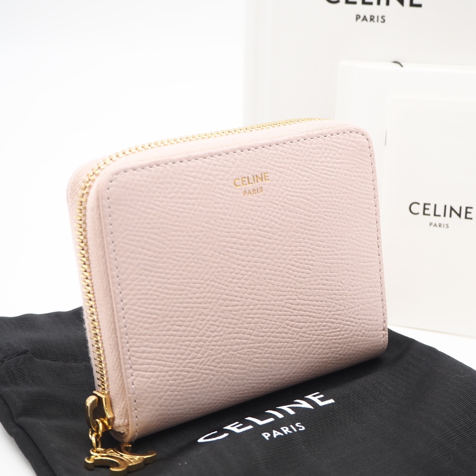 美品 CELINE セリーヌ グレインドカーフスキン スモール ジップウォレット トリオンフチャーム ブリーチピンク 10N993FVO 二つ折り財布 ピンク カーフレザー レディース