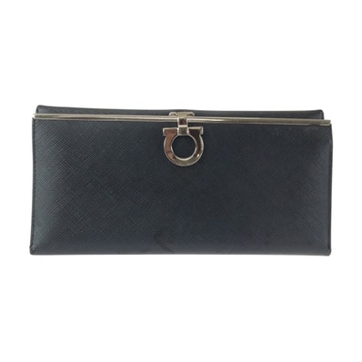 Salvatore Ferragamo サルヴァトーレフェラガモ ガンチーニ ブラック 黒 シルバー金具 レザー 長財布 ロングウォレット 600518 【中古】