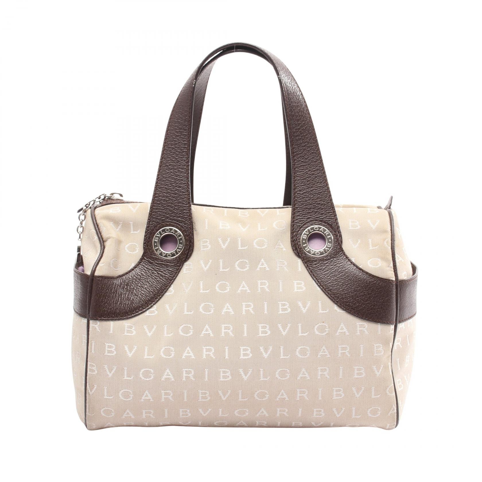 ブルガリ BVLGARI ロゴマニア ハンドバッグ バッグ キャンバス レザー レディース ベージュ系 / ブラウン系 【中古】