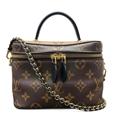 LOUIS VUITTON 美品 ルイヴィトン ヴァニティ NV PM モノグラム リバース ノワール 2way ハンドバッグ ショルダーバッグ M45165 PVC レザー RFID確認済 ブラウン チェーン ABランク 中古 鑑定済 ヴィトンバッグ