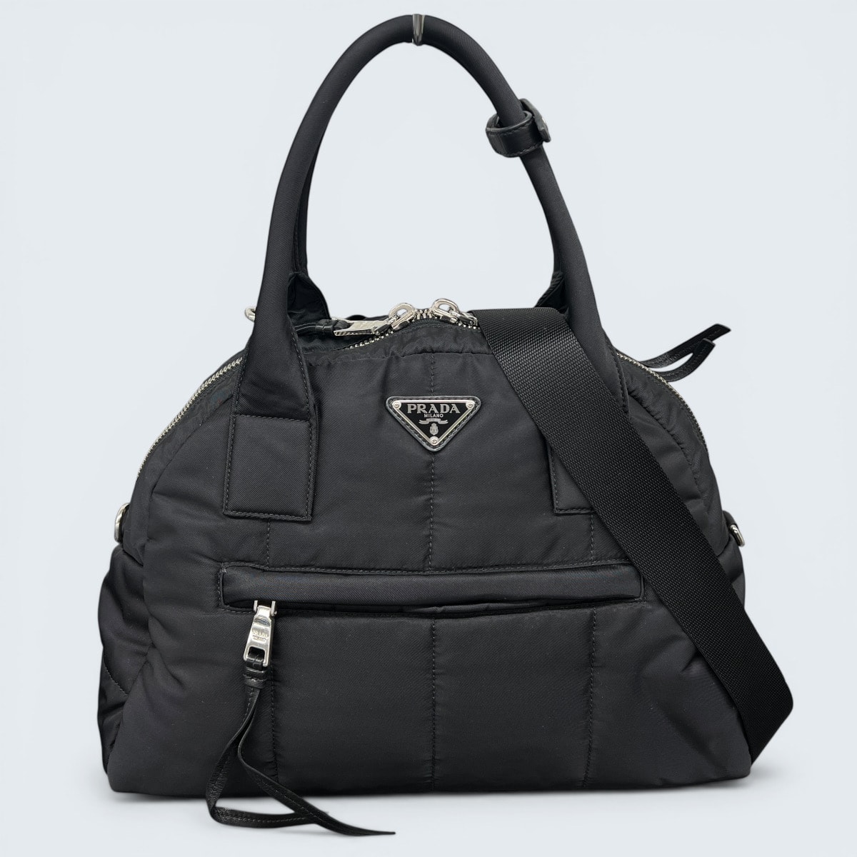 PRADA 極美品 プラダ TESSUTO BOMBER テスートボンバー トライングルロゴ 2way ハンドバッグ ショルダーバッグ 1BB881 ナイロン レザー ブラック 三角プレート ロゴプレート キルティング Aランク 鑑定済 中古 プラダバッグ