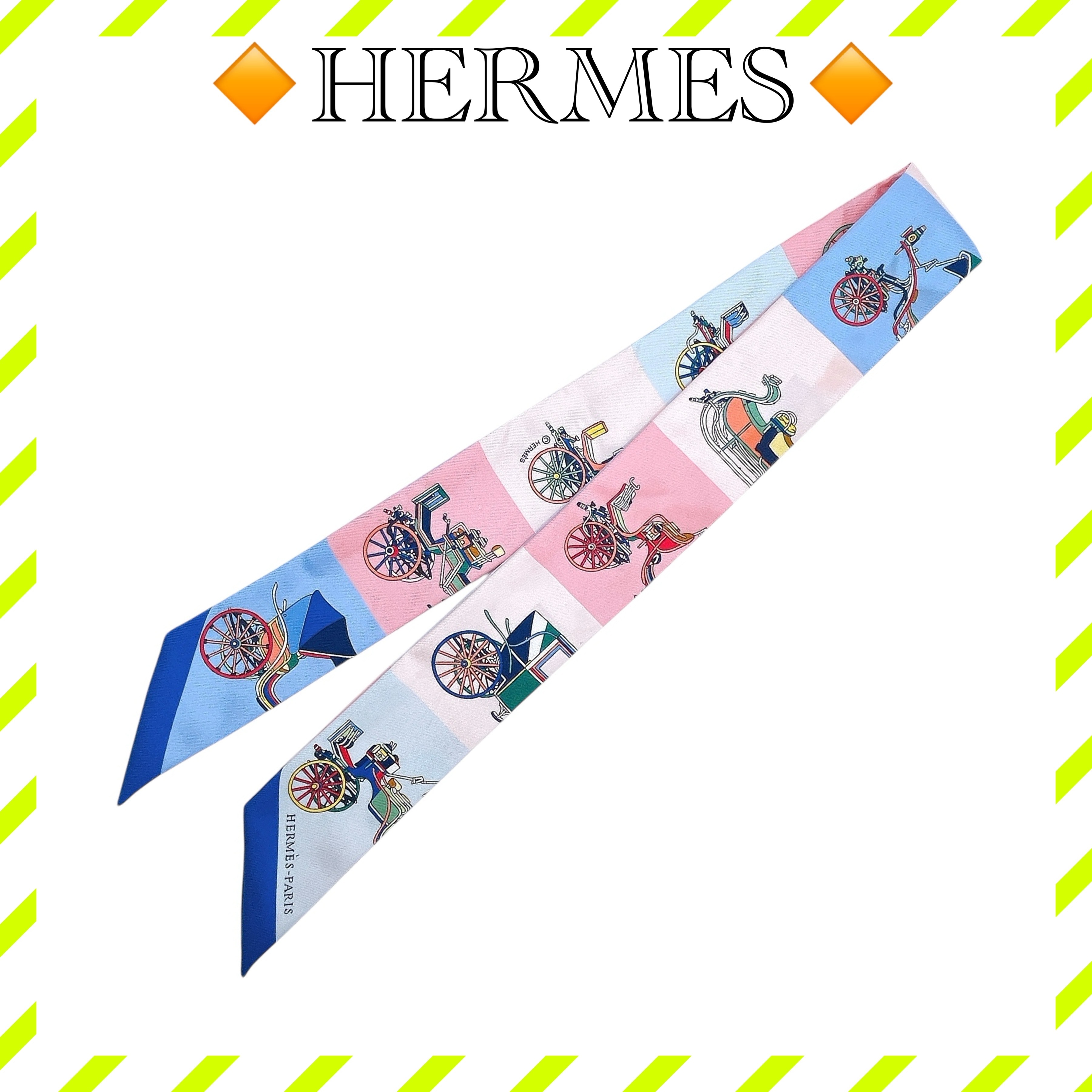 良品 エルメス ツイリー スカーフ シルク 精巧な馬車 ライトブルー 青 ピンク