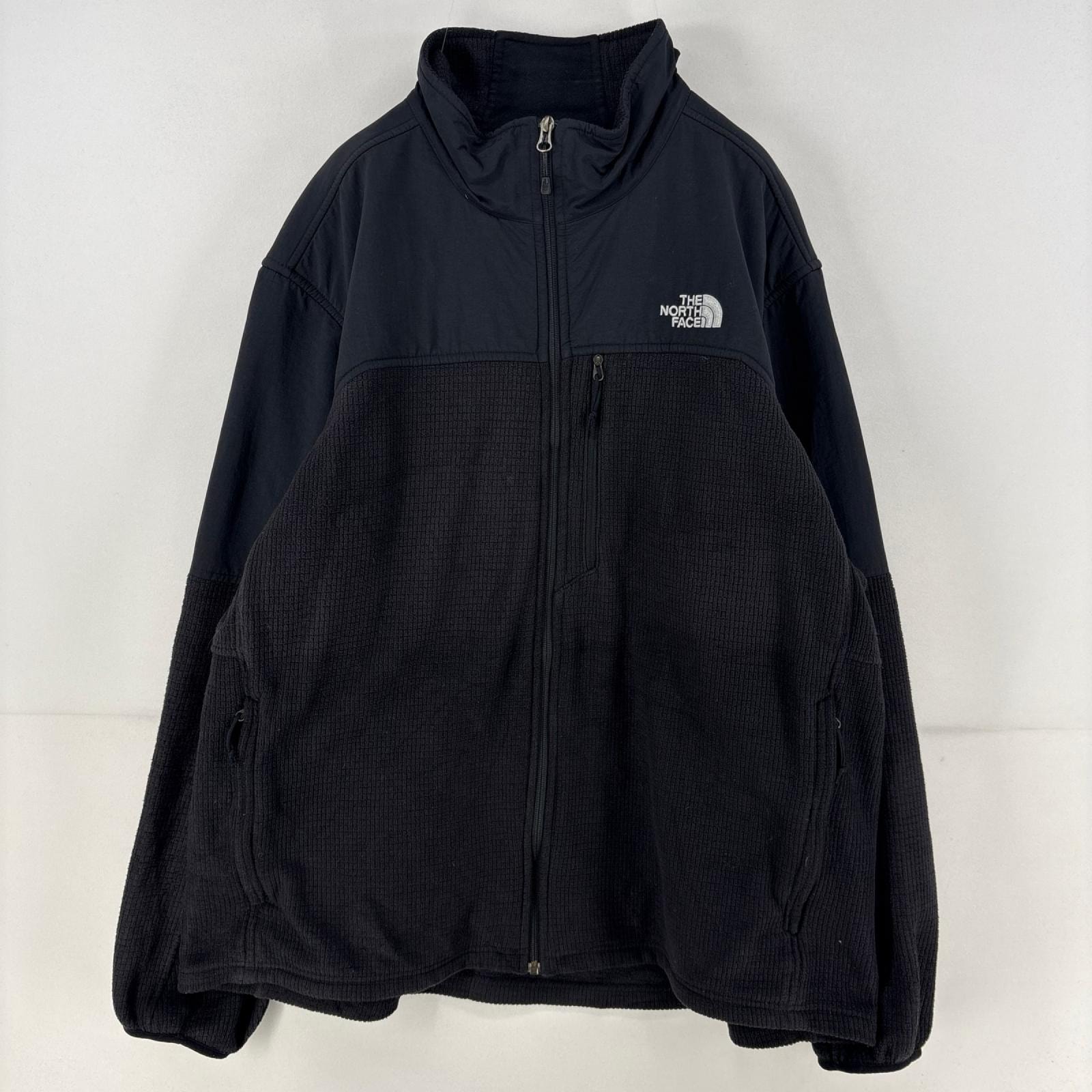 古着 ザ・ノースフェイス THE NORTH FACE フリースジャケット ロゴ 刺繍 ナイロン切替え フルジップ ワンポイント 2XL  ブラック メンズ