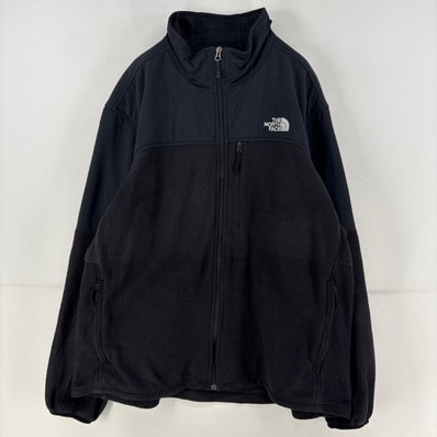 古着 ザ・ノースフェイス THE NORTH FACE フリースジャケット ロゴ 刺繍 ナイロン切替え フルジップ ワンポイント 2XL ブラック メンズ