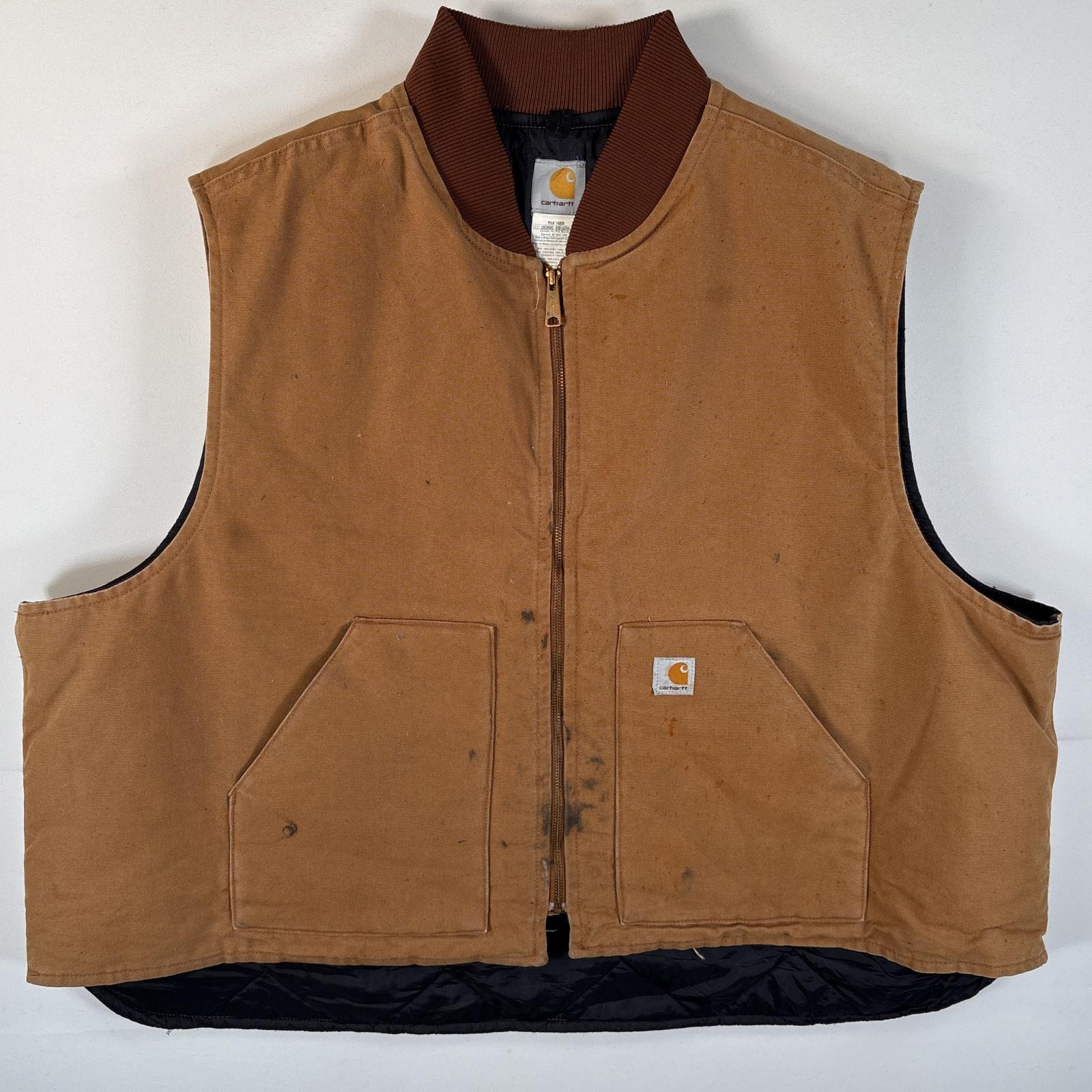 古着 カーハート Carhartt ダック ベスト ワンポイントロゴ ワーク 大きいサイズ 中綿キルティング 14044 キャメル メンズ