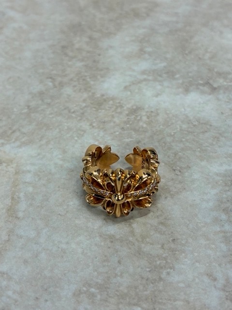 Chrome Hearts 22K Double Floral Cross Pave Diamond Ring "Yellow Gold"