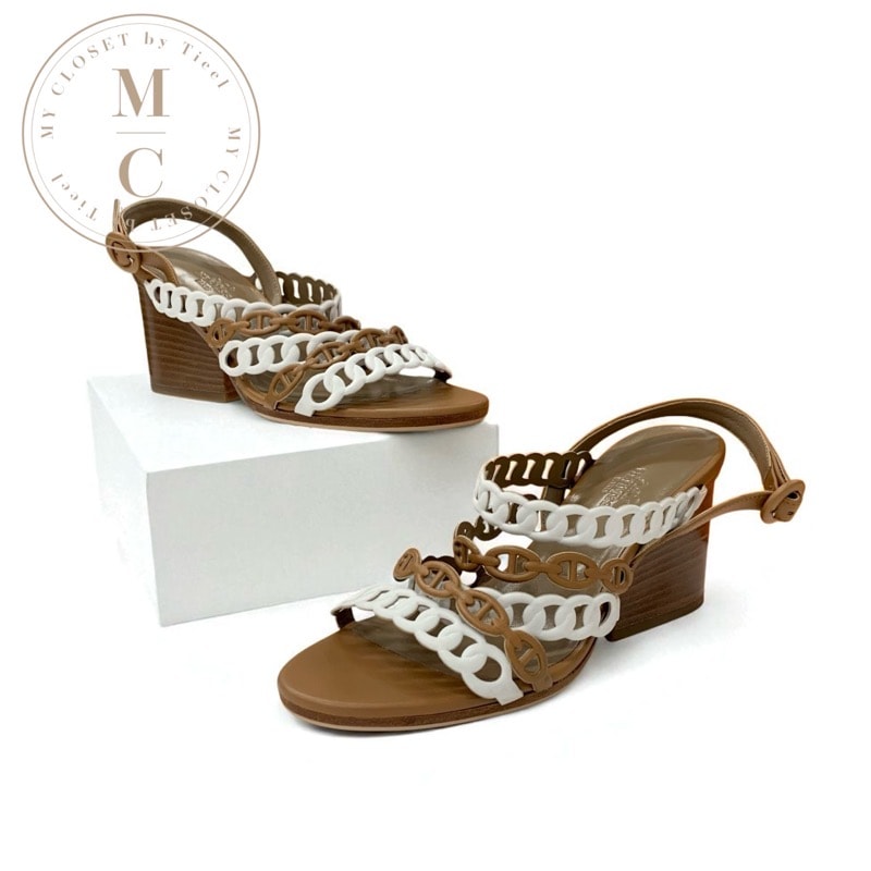 エルメス HERMES ロマンツァ サンダル 靴 シューズ レザー ブラウン ホワイト シェーヌダンクル ストラップ