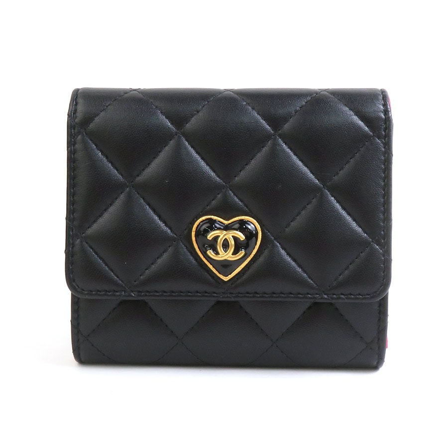 シャネル CHANEL 二つ折り財布 ハートココ ラムスキン ブラック×ピンク レディース AP3392【中古】 90089g