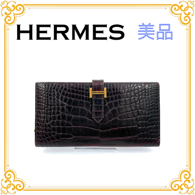 ■美品■ HERMES エルメス ベアンスフレ アリゲーター パープル レディース メンズ レザー ゴールド金具 長財布 ストラップ 希少 レア