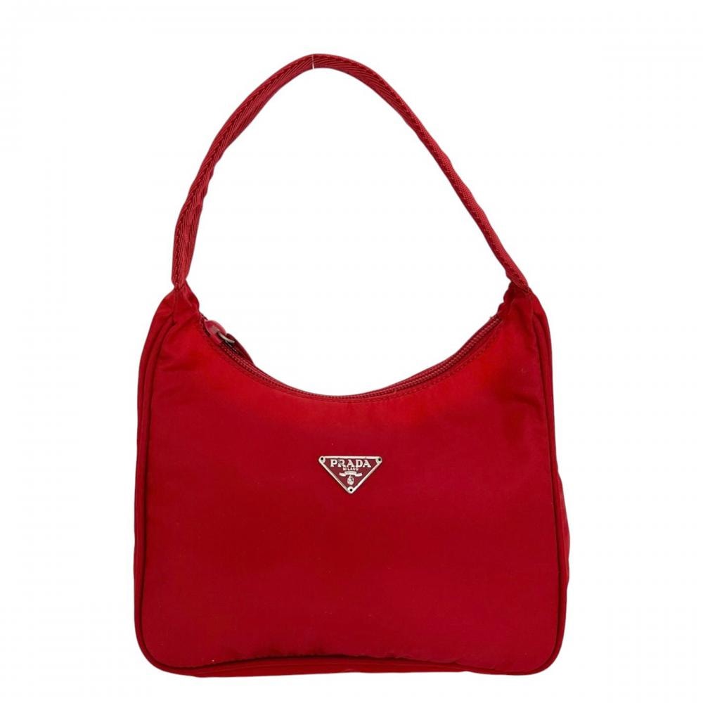 PRADA プラダ ハンドバッグ トライアングルロゴ MV519 ナイロン    レッド 赤 シルバー金具 レディース【中古品】