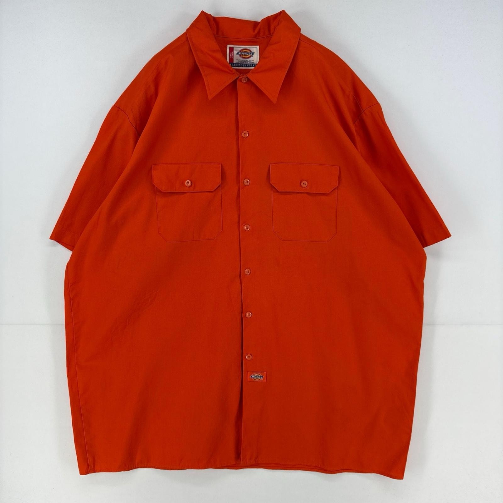 古着 ディッキーズ Dickies 半袖シャツ ワンポイント ワーク ロゴ 胸ポケット 大きいサイズ 3XL オレンジ メンズ