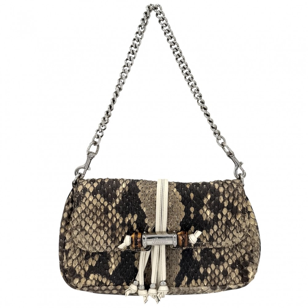 GUCCI グッチ ショルダーバッグ バンブー チェーンショルダー ワンハンド 肩掛け 235320 パイソン レザー ブラウン 茶 シルバー金具 レディース【中古品】