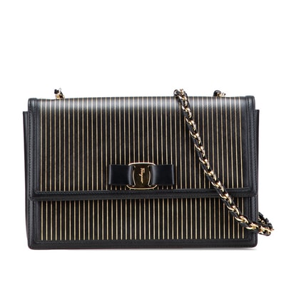 サルヴァトーレフェラガモ ヴァラ リボン ストライプ チェーン ショルダーバッグ ブラック ゴールド PVC レディース Salvatore Ferragamo 【中古】