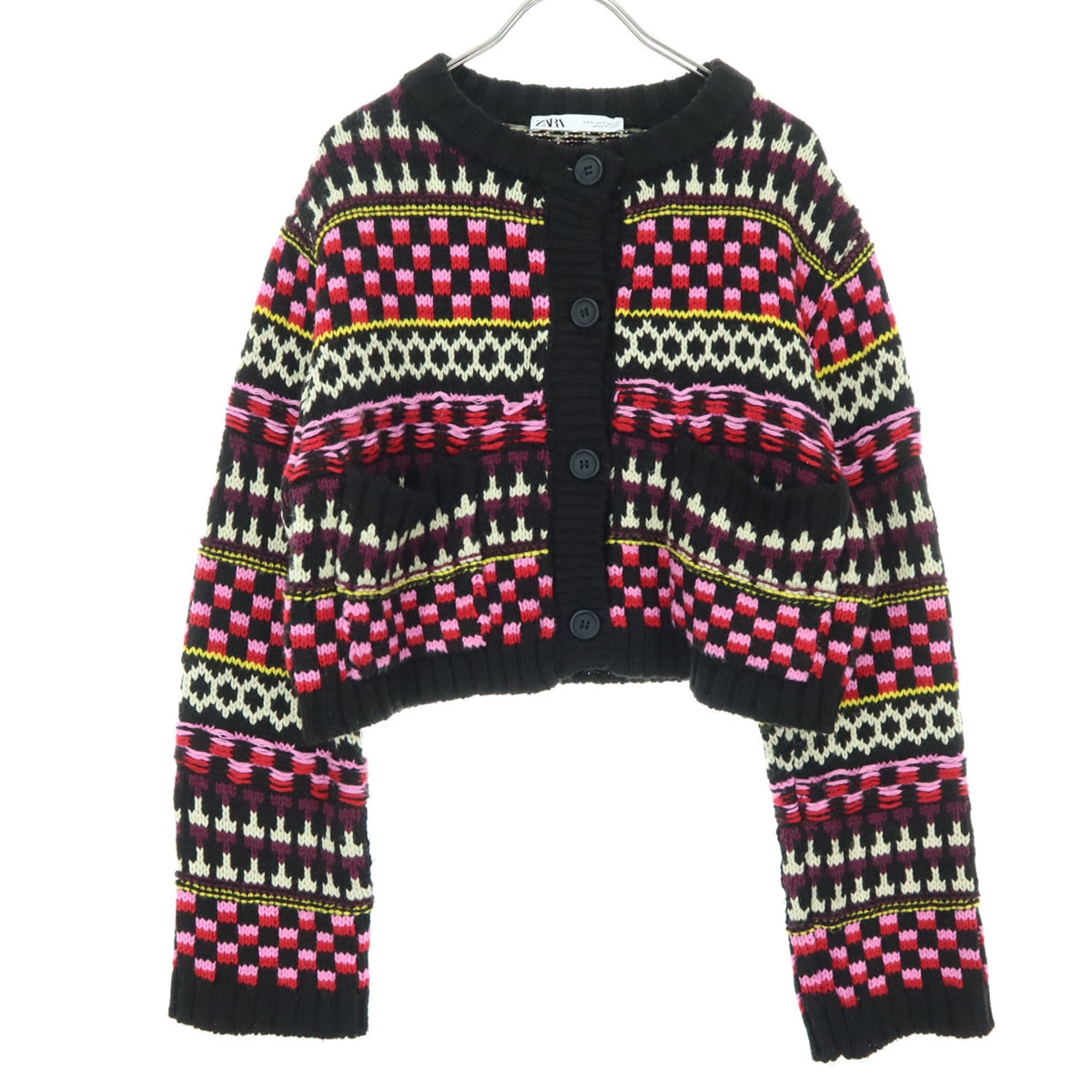 ZARA ザラ 総柄 長袖 丈短 ローゲージ ニットカーディガン S ブラウン系