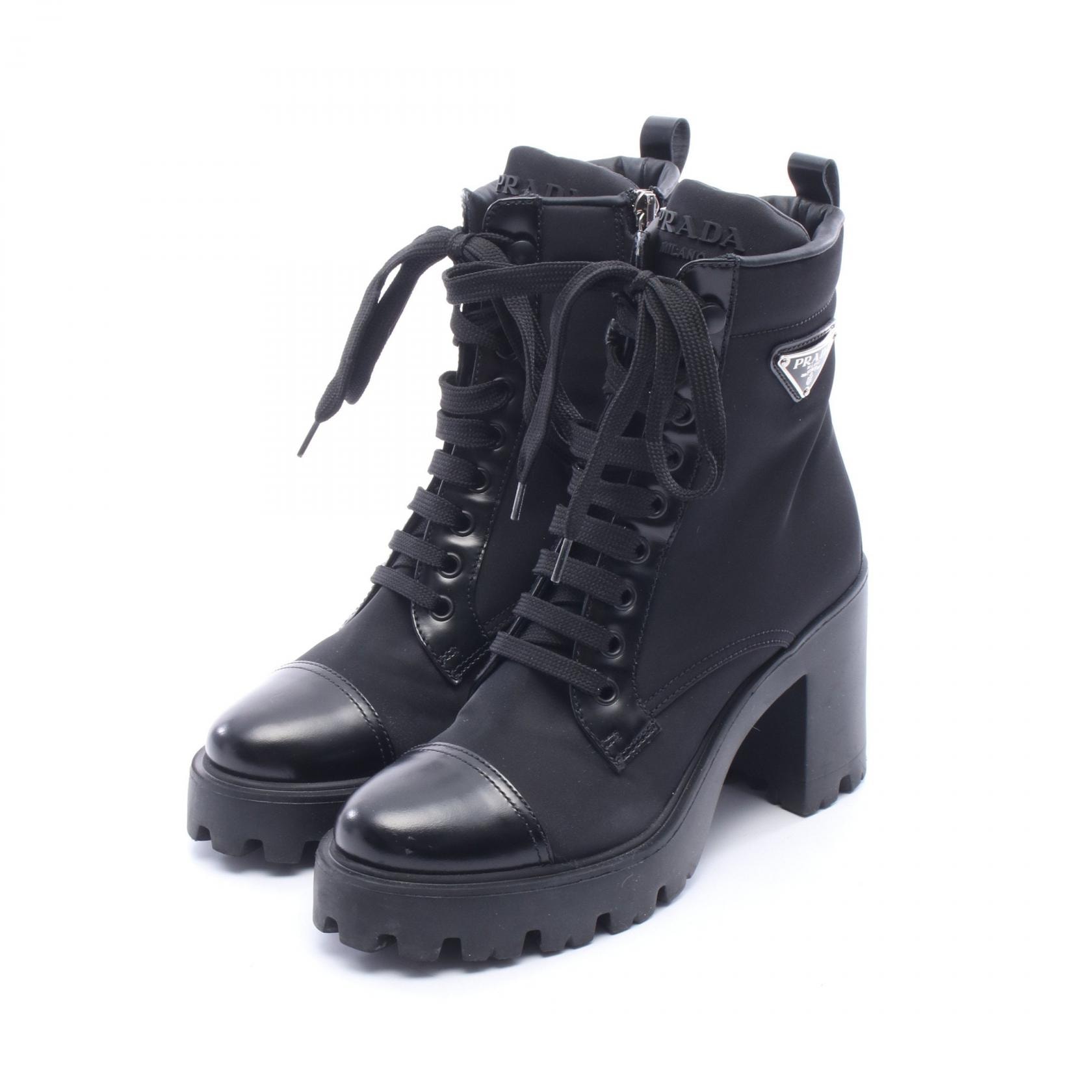 プラダ PRADA Re-Nylon 三角プレート ショート ブーツ 靴 ナイロン レザー レディース ブラック系 【中古】
